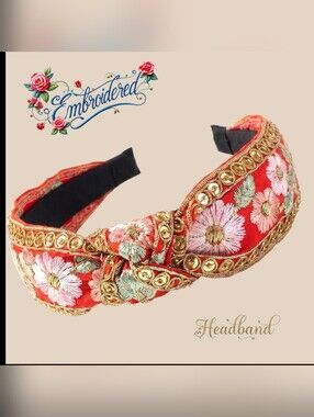 Embroidered Red Floral Boho Headband with Gold Trim